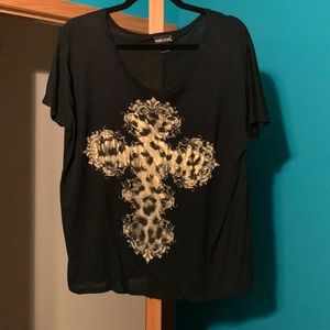 Soft Black Tee with Cheetah Print Cross. Size small